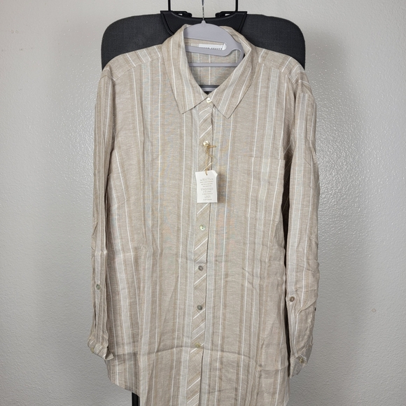 Susan Graver Linen Blend Button Up Shirt Women's Size LP Striped Roll Tab Sleeve - Picture 1 of 6